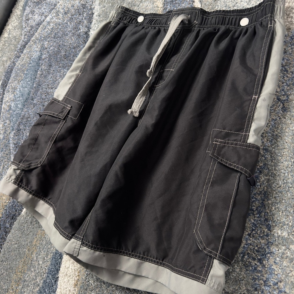 U.S. Apparel Cargo Swim‎ Trunks Mens XL Black Grey Gorpcore Techwear Boardshorts